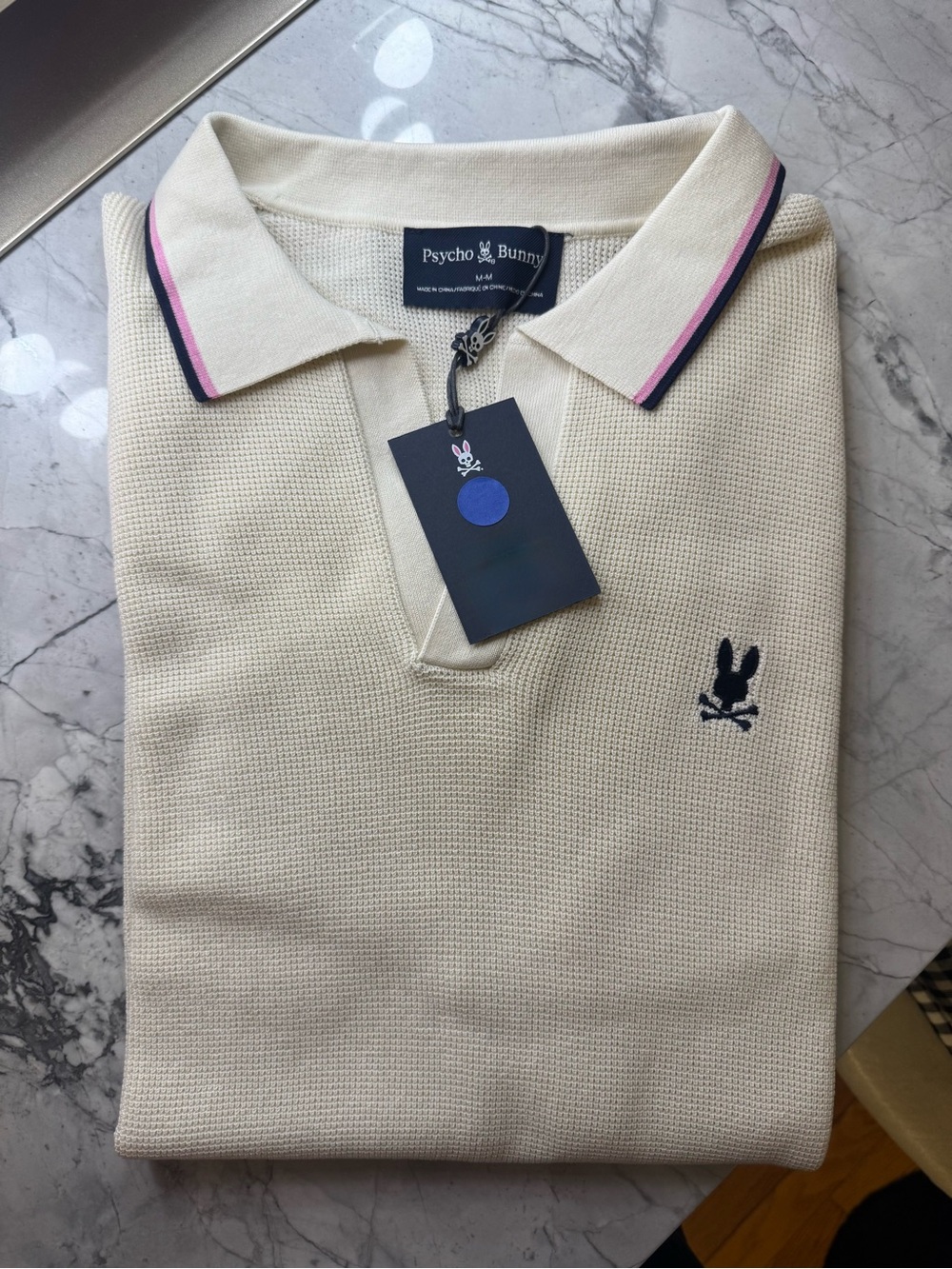 Psycho Bunny Cream Polo with Navy & Pink Trim